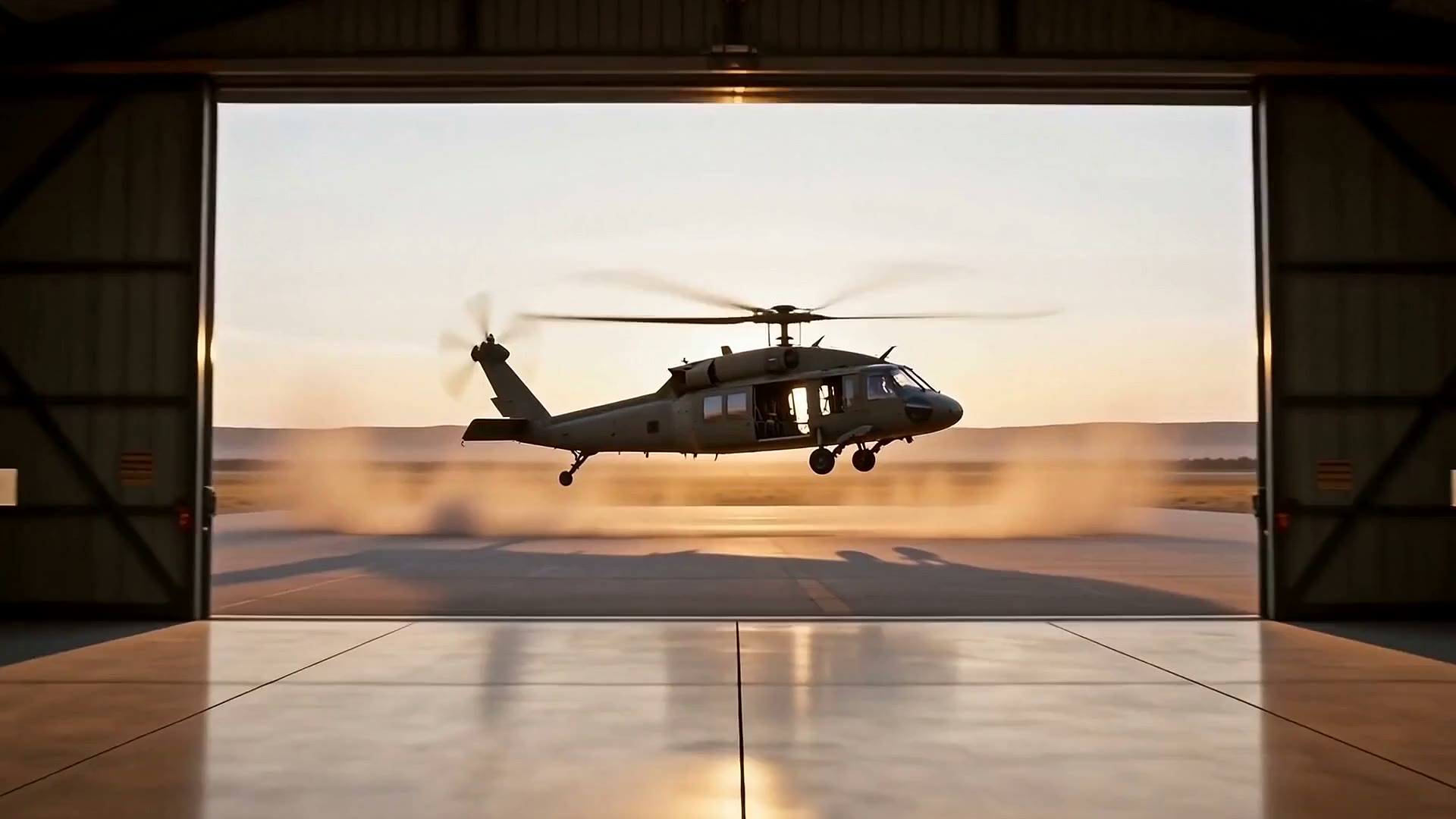 Helicopter lifting off from a hangar in the DFGD hero film